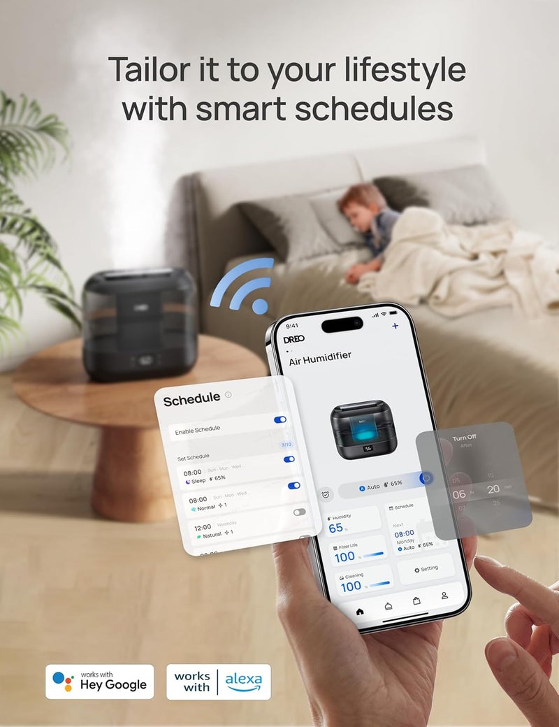Dreo Smart Humidifiers for Bedroom, Top Fill 4L Supersized Humidifier Large Room with 28 dB, 36H Runtime, Touch/APP/Voice Control, Nightlight, Cool Mist Humidifiers for Baby, Plants, Indoor, Black - Image 2
